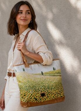 Dooney& Bourke Sunflower Fields Canvas Suede Bottom Tote Large Two Handle